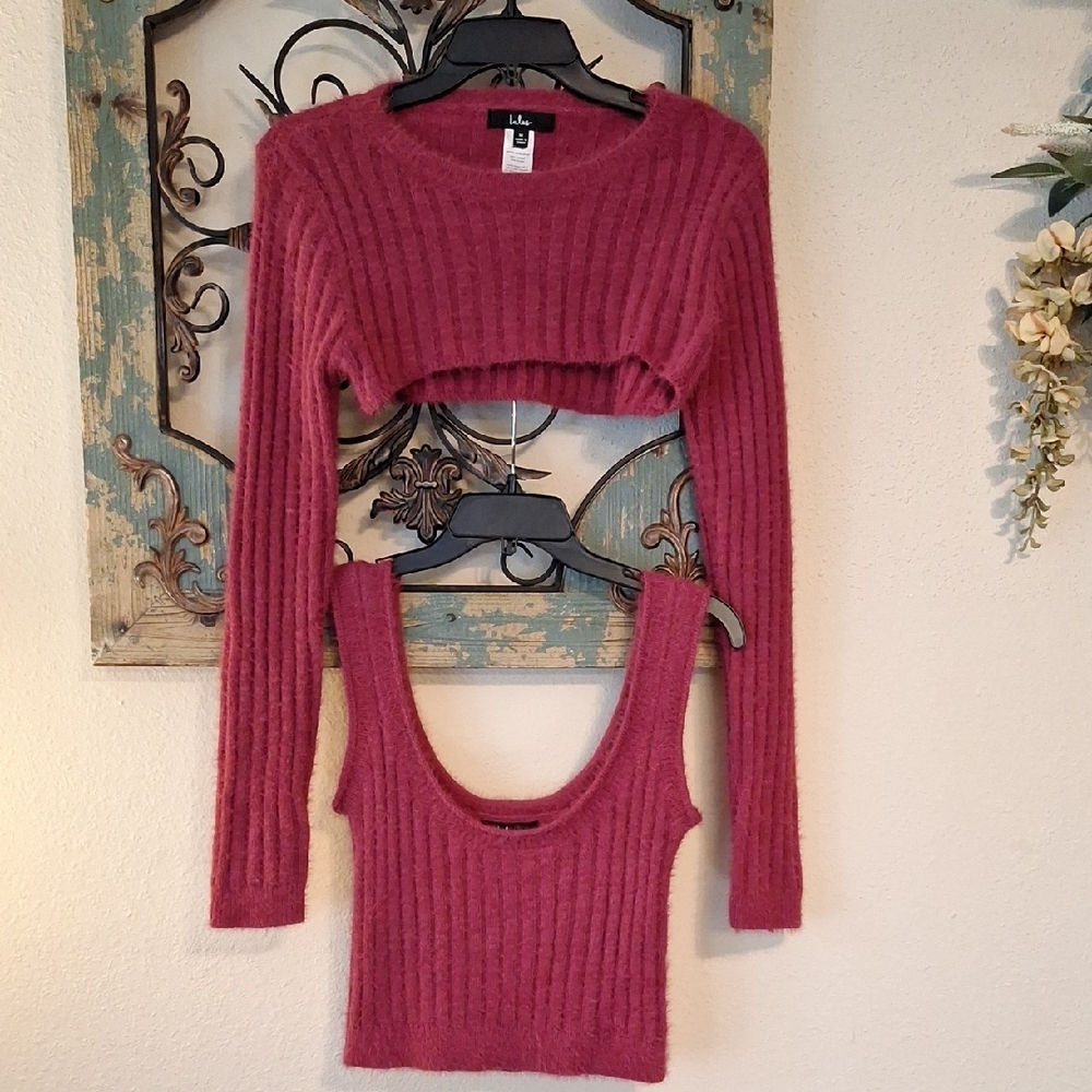 🔥 3 for $25 SALE Lulu's Raspberry 2 pc. Ribbed Sweater Set. NWOT Size Medium - Picture 4 of 11